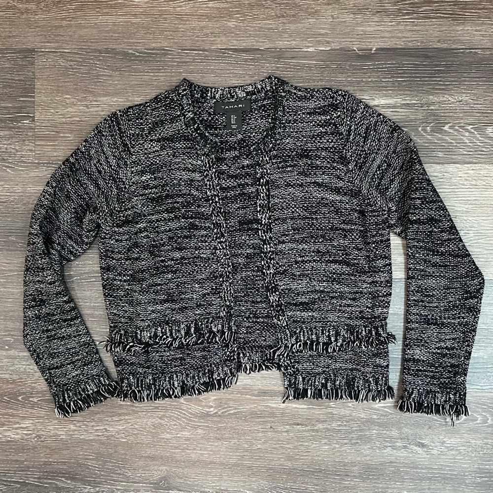 Tahari Black White Tweed Fringe Knit Cardigan Jacket 100% Cotton M